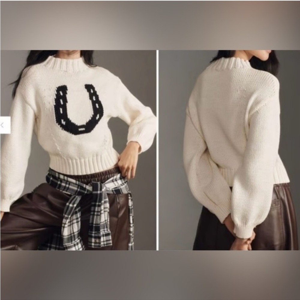 NWT RARE Anthropologie Pippa Mock Neck Icon Horse Sweater Crop Bubble Sleeve - M - Picture 3 of 11